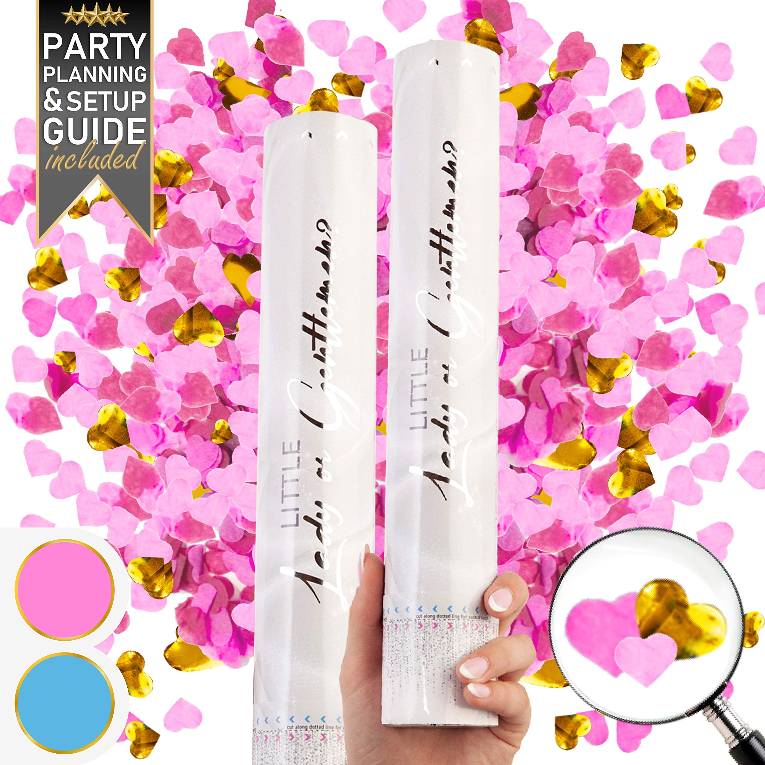 Gender Reveal Confetti Cannon 2 Pack Heart Shape Pink Confetti