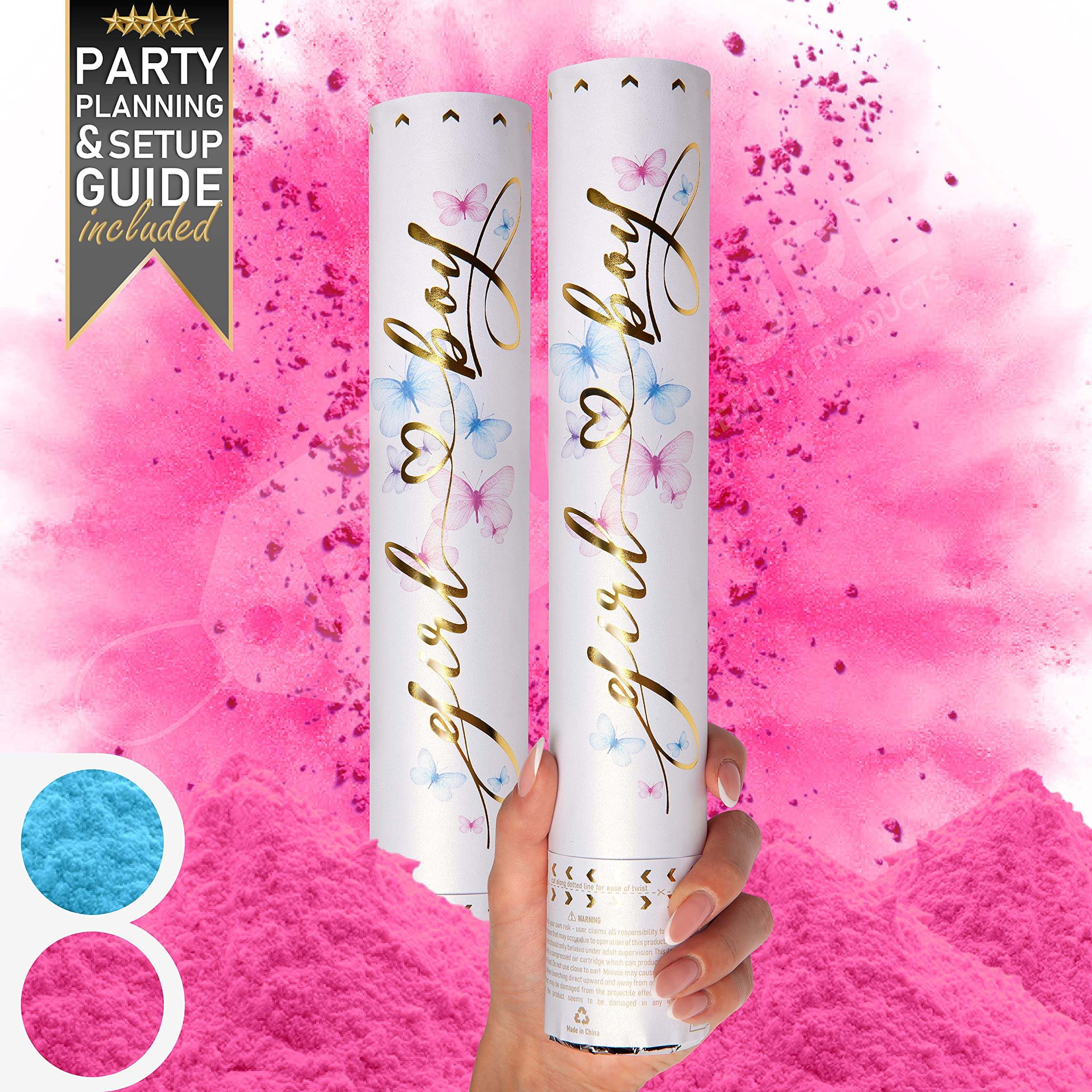 Gender Reveal Confetti Cannon 2 Pack Pink Biodegradable Gender