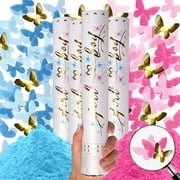 Gender Reveal Confetti Cannon - 4 Pack - Blue and Pink Biodegradable Gender Reveal Smoke Bombs and Butterfly Shape Confetti Popper | Gender Reveal Powder Cannon | Powder Blaster Gender Reveal Machine