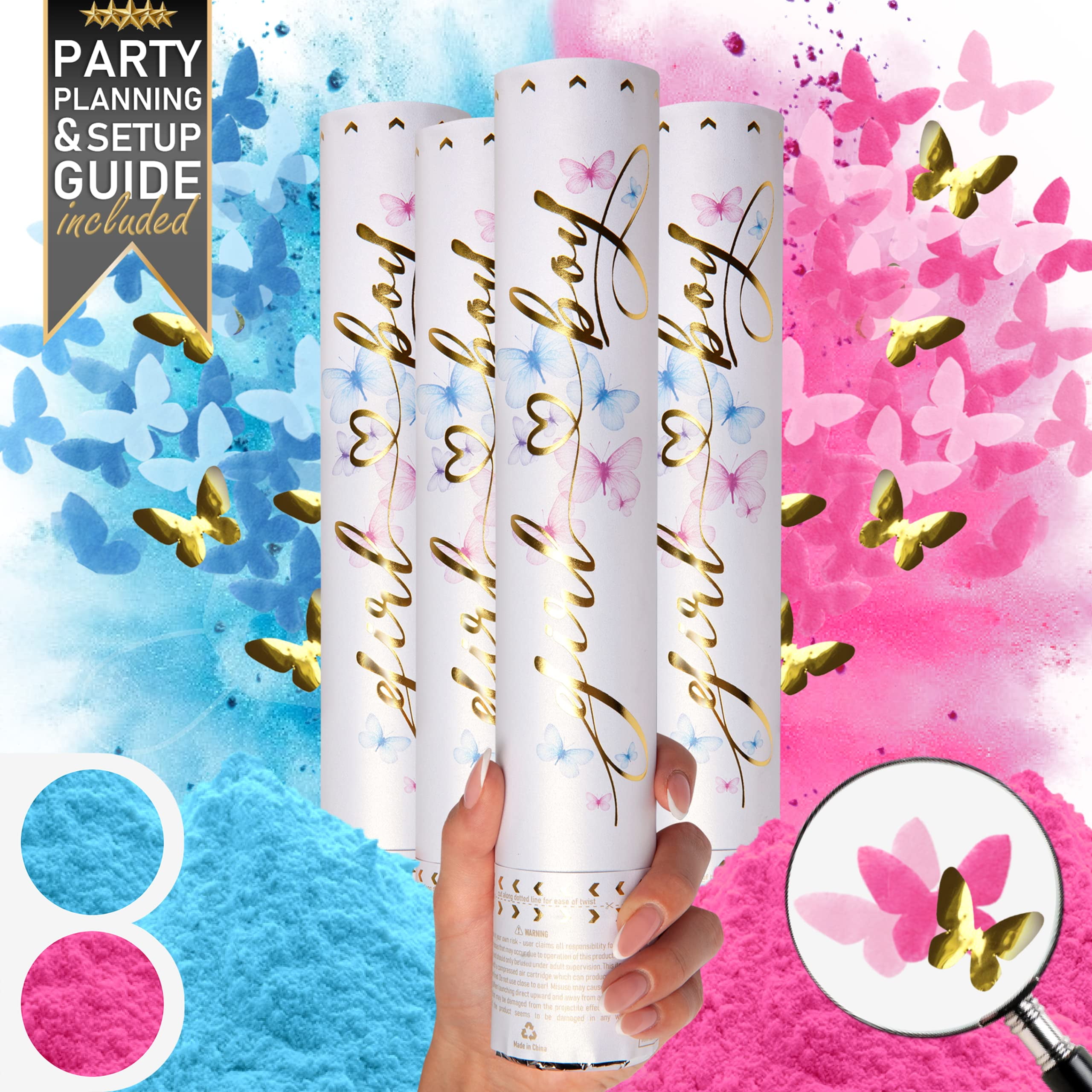 Gender Reveal Confetti Cannon 4 Pack Butterfly Gender Reveal