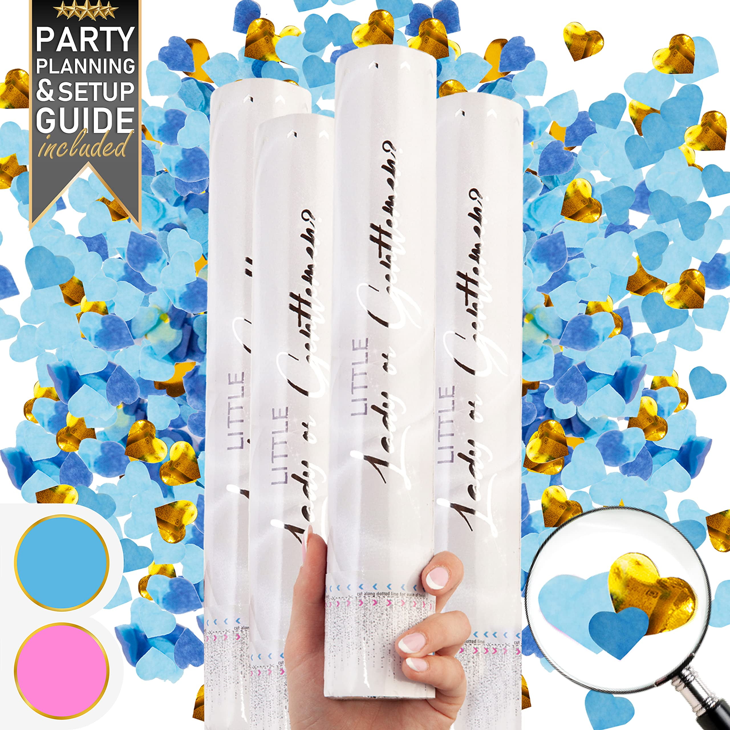 Gender Reveal Confetti Cannon Bulk Set of 4 Heart Shaped Blue