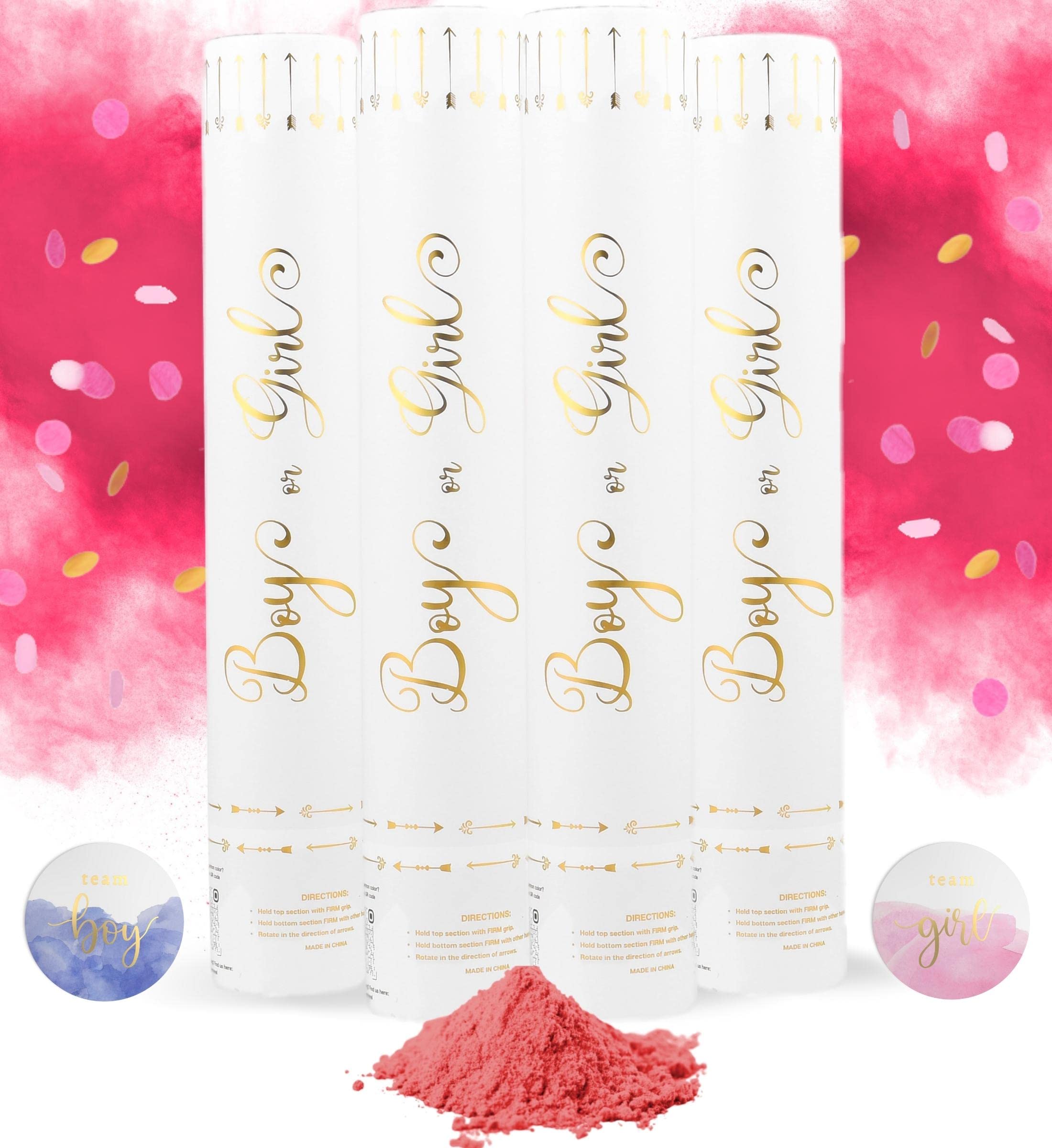 Gender Reveal Confetti Powder Cannon 4 Pink/Gold Poppers Gender