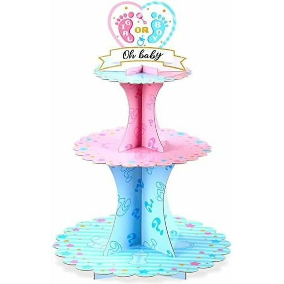 Gender Reveal Cupcake Stand - 3 Tier, Blue & Pink, with Toppers, for Baby Shower/Birthday Party Favors.