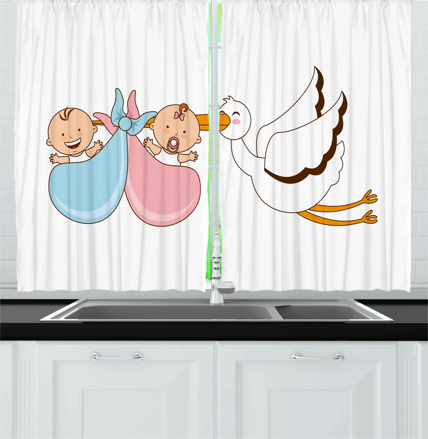 Gender Reveal Curtains 2 Panels Set, Babies with Stork Mythical ...
