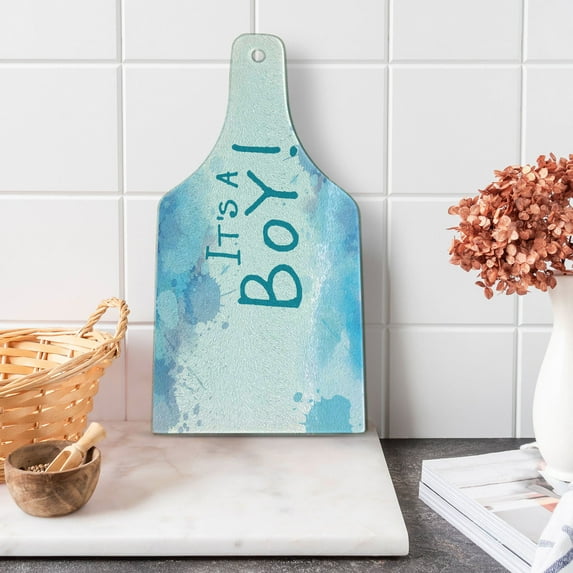 Gender Reveal Cutting Board, Blue Tones Paint Drops Its a Boy Typography Happy Watercolor Illustration, Decorative Tempered Glass Cutting and Serving Board, in 3 Sizes, by Ambesonne