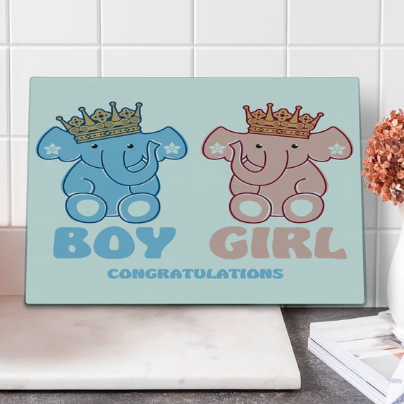 Gender Reveal Cutting Board, Boy and Girl Twins Elephants with Royal Crowns, Decorative Tempered Glass Cutting and Serving Board, in 3 Sizes, by Ambesonne