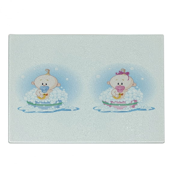 Gender Reveal Cutting Board, Girl and Boy in Bath with Bubbles Duck Picture Print, Decorative Tempered Glass Cutting and Serving Board, Small Size, Multicolor, by Ambesonne