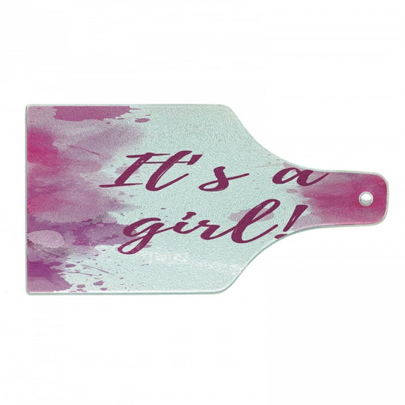 Gender Reveal Cutting Board, Hand Written Look Its a Girl Text Watercolor Splash Frame Pink Tones Print, Decorative Tempered Glass Cutting and Serving Board, in 3 Sizes, by Ambesonne
