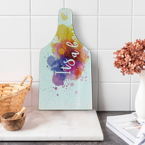Gender Reveal Cutting Board, Watercolor Paint Stains and Drops Its a Boy Calligraphy Colorful Illustration, Decorative Tempered Glass Cutting and Serving Board, in 3 Sizes, by Ambesonne