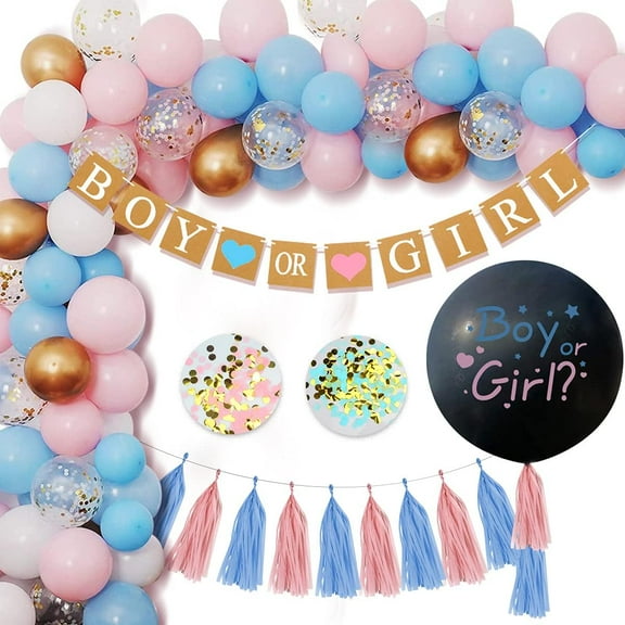 Gender Reveal Decoration, Blue Pink Balloons 36inch Gender Reveal Balloon, Confetti Boy or Girl Banner Metallic White Gold Confetti Balloons