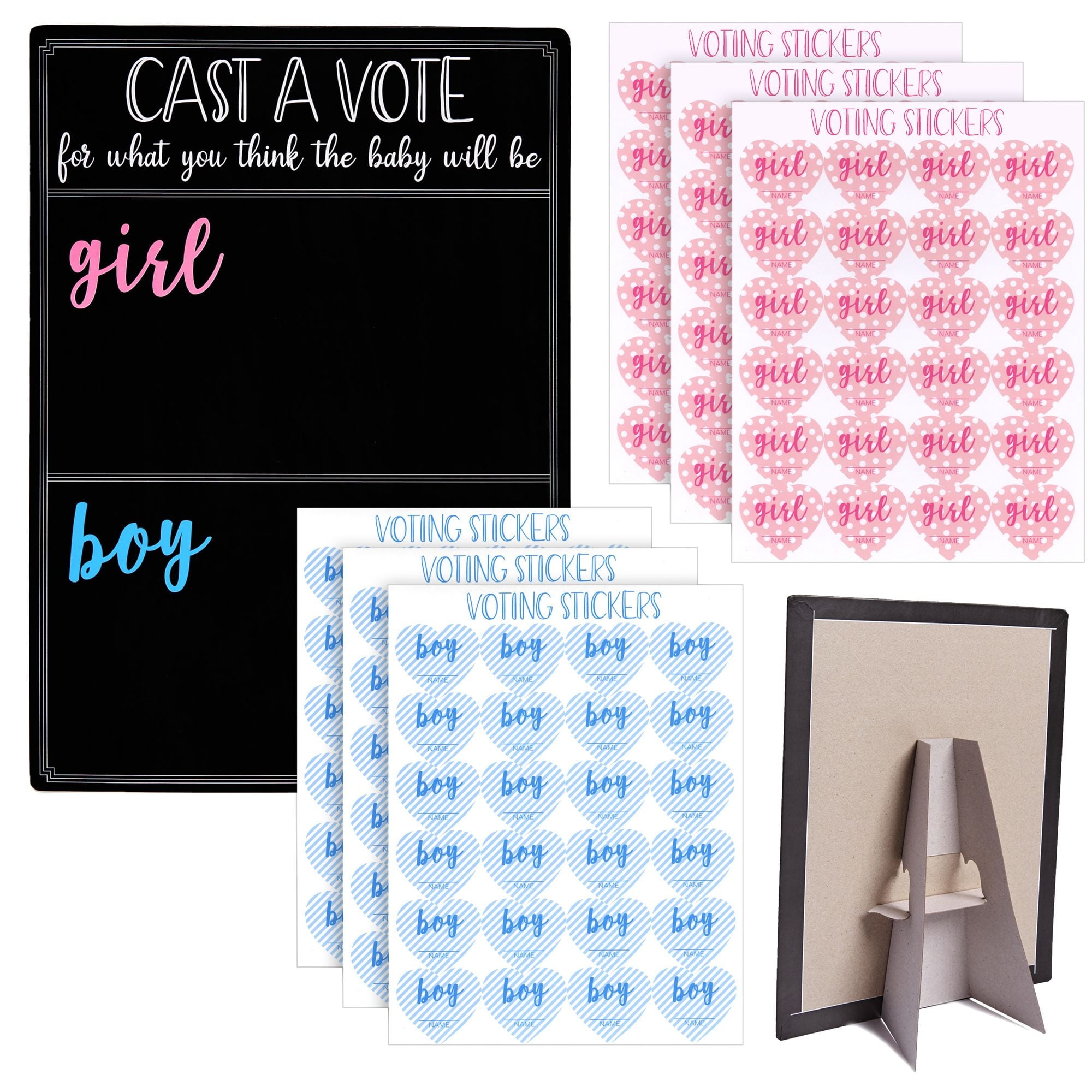 JUVALE Gender Reveal Decorations for Baby Shower Games with 144 Girl or Boy Voting Stickers and Cast Your Vote Sign with Stand (Chalkboard Design, 12 x 17 In)