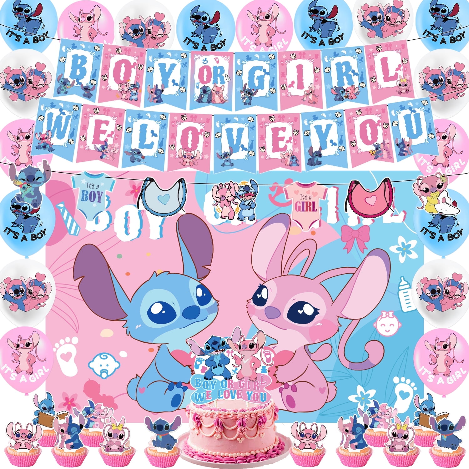 Gender Reveal Decorations Party Supplies Boy or Girl Gender Reveal Banner Balloons, Cupcake Toppers, Backdrop for Baby Shower Pink and Blue Party Decorations