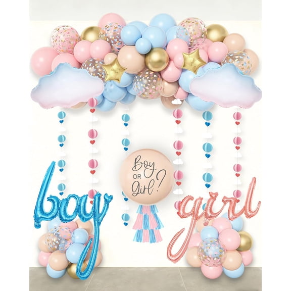 Gender Reveal Decorations, Pastel Pink and Blue Nude Confetti Balloons Arch Kit Star Hanging Cloud Garland Paper Tassels He or She Boy or Girl Gender Reveal Baby Shower Party Supplies