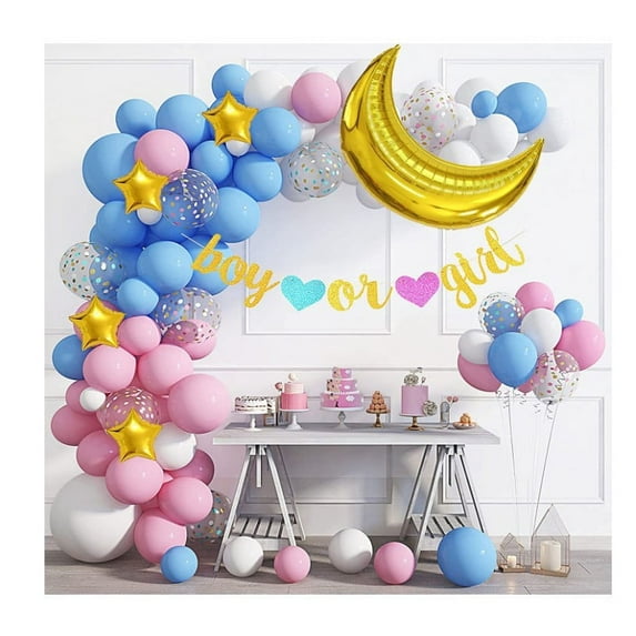 Gender Reveal Decorations - Pink and Blue Balloon Garland Arch Kit, Glitter Boy or Girl Banner, Moon&Stars Balloons, for Baby Gender Reveal Decor Birthday Baby Shower Party Supplies