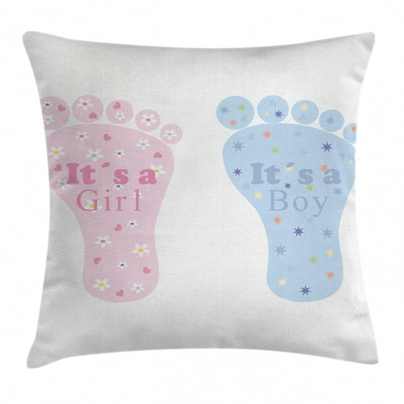 Gender Reveal Decorations Throw Pillow Cushion Cover, Baby Footprints Floral Blooms Heart Icons Stars Surprise, Decorative Square Accent Pillow Case, 18 X 18 Inches, Light Blue and Pink, by Ambesonne