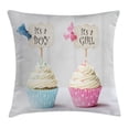 thumbnail image 1 of Gender Reveal Decorations Throw Pillow Cushion Cover, Boy and Girl Cupcakes Yummy Chocolate Celebration, Decorative Square Accent Pillow Case, 16 X 16 Inches, Light Blue and Pink Cream, by Ambesonne, 1 of 2