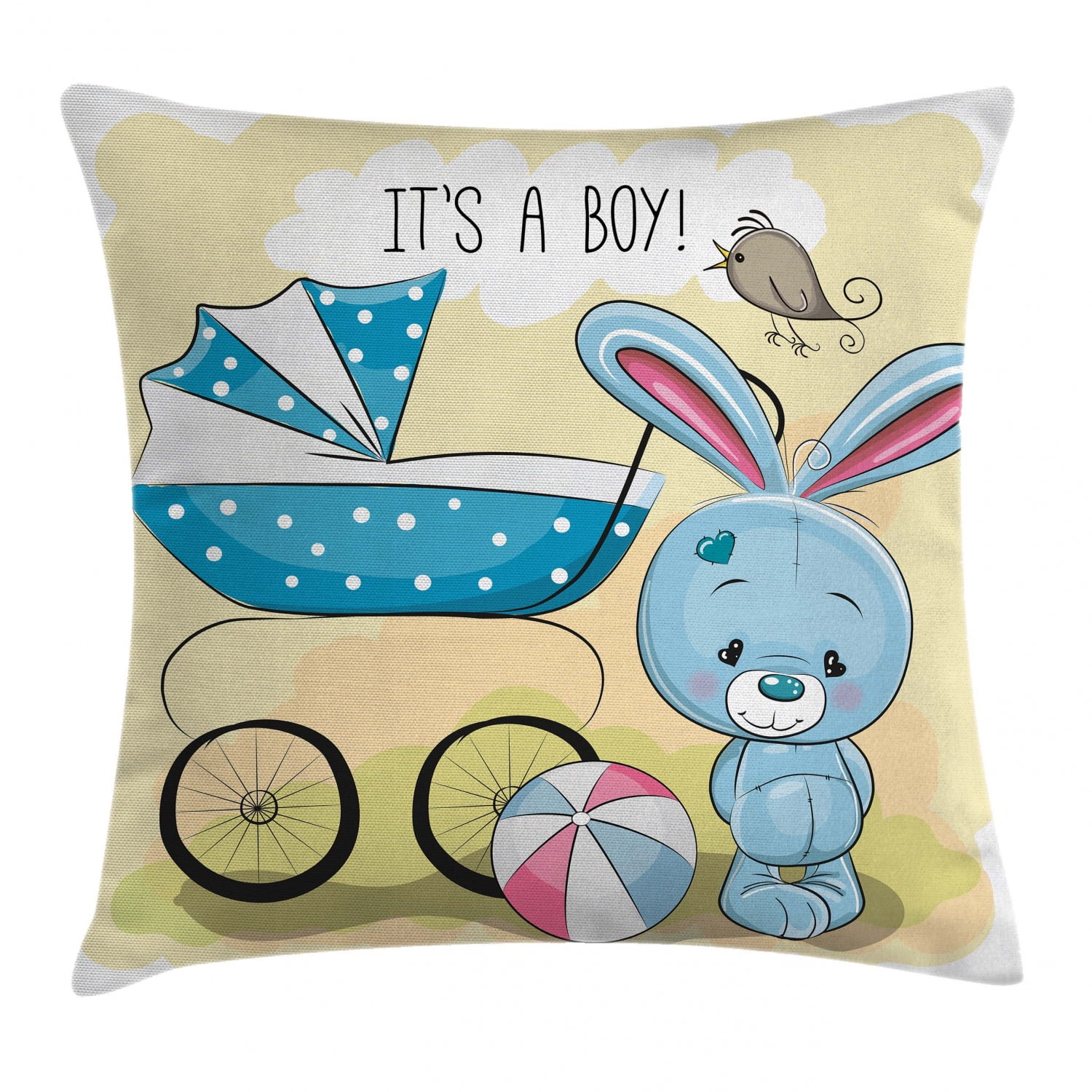 Gender Reveal Decorations Throw Pillow Cushion Cover Cute Bunny Baby Carriage and Ball It s Boy Kids Design Decorative Square Accent Pillow Case 20