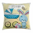 thumbnail image 1 of Gender Reveal Decorations Throw Pillow Cushion Cover, Cute Bunny Baby Carriage and Ball It's Boy Kids Design, Decorative Square Accent Pillow Case, 20 X 20 Inches, Avocado Green Blue, by Ambesonne, 1 of 2