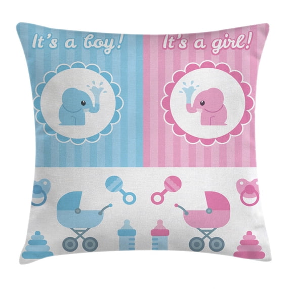 Gender Reveal Decorations Throw Pillow Cushion Cover, Elephants Girl Boy Newborn Composition Baby Shower Icons, Decorative Square Accent Pillow Case, 20 X 20 Inches, Light Pink and Blue, by Ambesonne