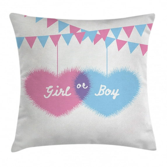 Gender Reveal Decorations Throw Pillow Cushion Cover, Girl and Boy Hearts Flags Celebration for Newborn Family, Decorative Square Accent Pillow Case, 20 X 20 Inches, Light Pink and Blue, by Ambesonne