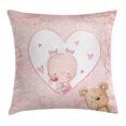 thumbnail image 1 of Gender Reveal Decorations Throw Pillow Cushion Cover, Girls Baby with Teddy Bear Flowers Hearts Polka Dots, Decorative Square Accent Pillow Case, 18 X 18 Inches, Light Pink Sand Brown, by Ambesonne, 1 of 2