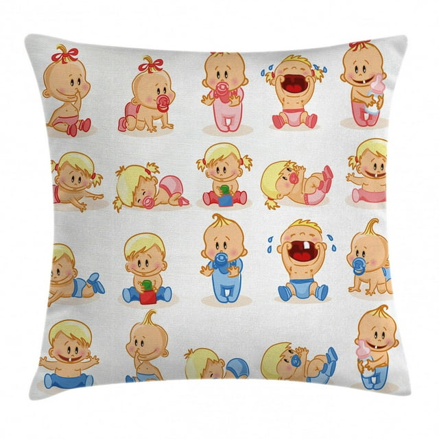 Gender Reveal Decorations Throw Pillow Cushion Cover, Newborn Composition in Various Gestures Crying Sleeping Smiling, Decorative Square Accent Pillow Case, 20 X 20 Inches, Multicolor, by Ambesonne