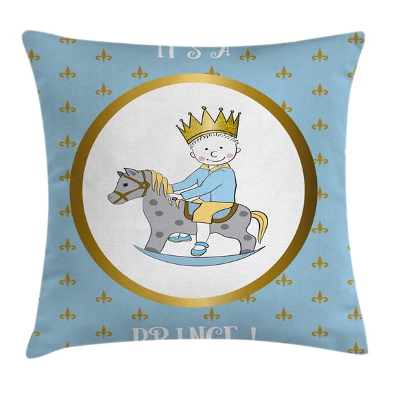 Gender Reveal Decorations Throw Pillow Cushion Cover, It's A Prince Quote with Newborn Boy Riding Horse Damask, Decorative Square Accent Pillow Case, 16 X 16 Inches, Gold Light Blue, by Ambesonne