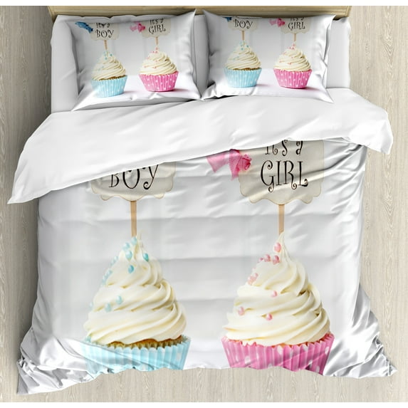 Gender Reveal Duvet Cover Set, Boy and Girl with Cupcakes Yummy Chocolate Celebration Theme, Decorative 3 Piece Bedding Set with 2 Pillow Shams, Calking Size, Pale Blue and Pink Cream, by Ambesonne