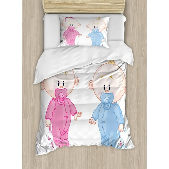 Gender Reveal Duvet Cover Set, Cheerful Boy and Girl with Bunny Pacifiers Twins, Decorative 2 Piece Bedding Set with 1 Pillow Shams, Twin Size, Pale Blue and Pink Peach, by Ambesonne