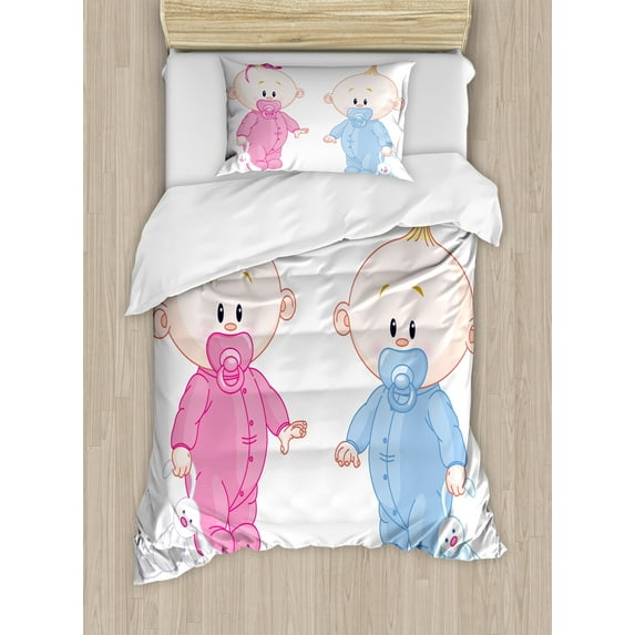 Gender Reveal Duvet Cover Set, Cheerful Boy and Girl with Bunny Pacifiers Twins, Decorative 2 Piece Bedding Set with 1 Pillow Shams, Twin Size, Pale Blue and Pink Peach, by Ambesonne