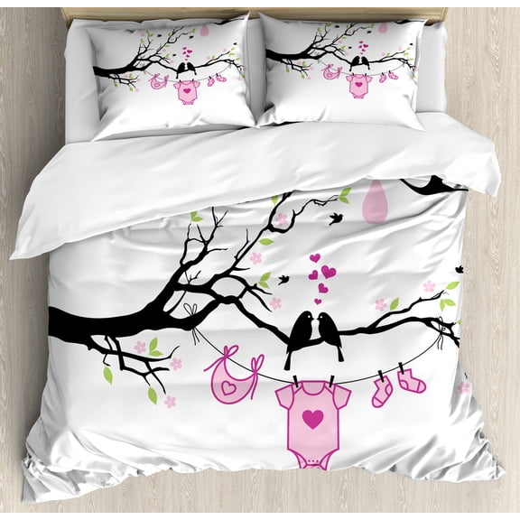 Gender Reveal Duvet Cover Set, Girl Announcement Design with Birds on the Branch Hearts Love, Decorative 3 Piece Bedding Set with 2 Pillow Shams, Calking Size, Pink Lime Black, by Ambesonne