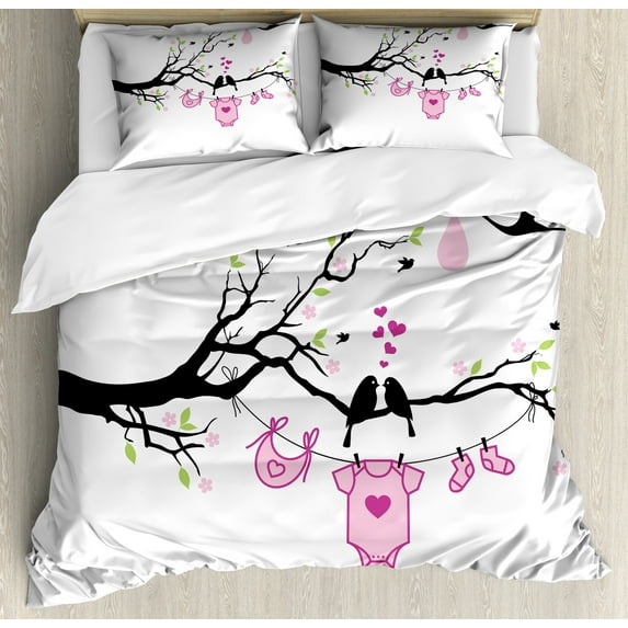Gender Reveal Duvet Cover Set, Girl Announcement Design with Birds on the Branch Hearts Love, Decorative 3 Piece Bedding Set with 2 Pillow Shams, Queen Size, Pink Lime Black, by Ambesonne