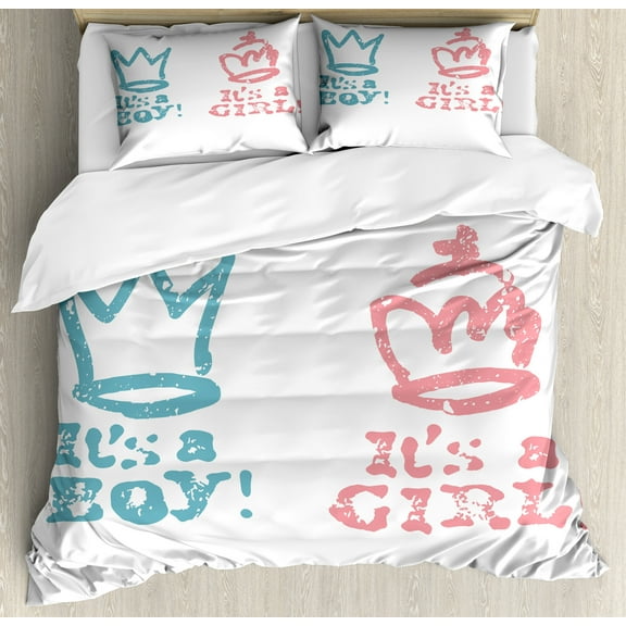 Gender Reveal Duvet Cover Set, Girl Queen Boy King Crown in Pastel Colors Theme, Decorative 3 Piece Bedding Set with 2 Pillow Shams, Calking Size, Pale Pink and Blue, by Ambesonne