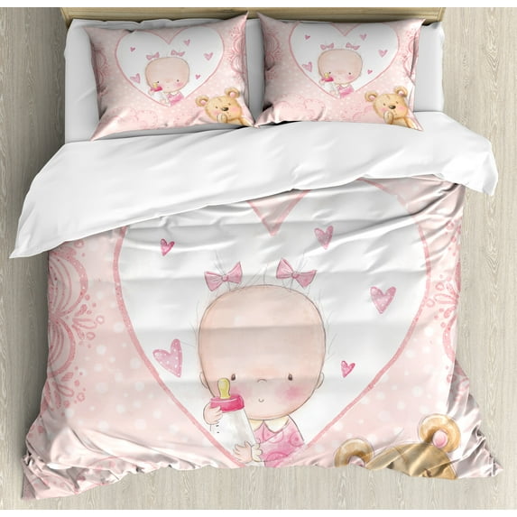 Gender Reveal Duvet Cover Set, Girls with Teddy Bear Flowers Hearts and Polka Dots Print, Decorative 3 Piece Bedding Set with 2 Pillow Shams, Calking Size, Sand Brown Pale Pink, by Ambesonne