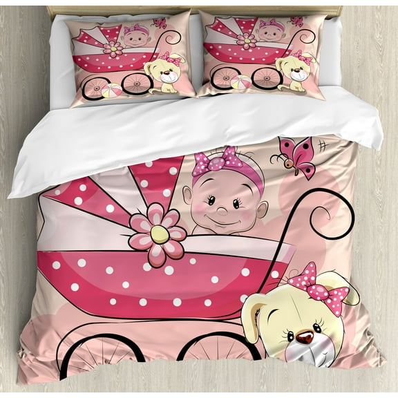 Gender Reveal Duvet Cover Set, Greeting for New Puppy Dog and Carriage Pastel Colors Composition, Decorative 3 Piece Bedding Set with 2 Pillow Shams, King Size, Pale Yellow and Pink, by Ambesonne