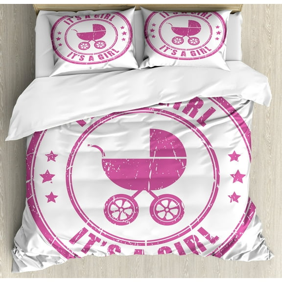 Gender Reveal Duvet Cover Set, Grunge It's a Girl Retro Stamp with Carriage Image, Decorative 3 Piece Bedding Set with 2 Pillow Shams, Queen Size, Fuchsia, by Ambesonne
