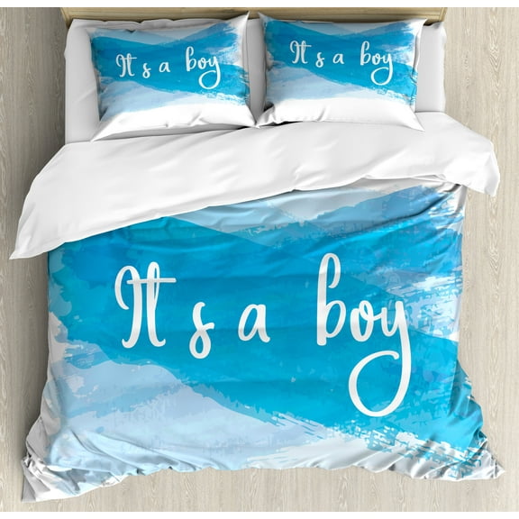 Gender Reveal Duvet Cover Set, It's a Boy Happy Message Abstract Announcement Illustration Print, Decorative 3 Piece Bedding Set with 2 Pillow Shams, Queen Size, Violet Blue White, by Ambesonne
