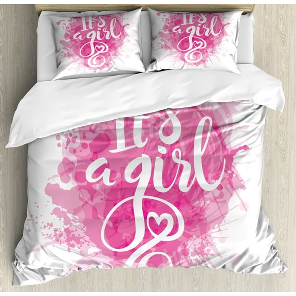 Gender Reveal Duvet Cover Set, It's a Girl Brushstroke Birth New Family Member Themed Print, Decorative 3 Piece Bedding Set with 2 Pillow Shams, Calking Size, White Pink, by Ambesonne