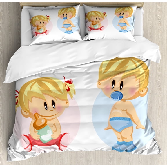 Gender Reveal Duvet Cover Set King Size, Babies Playing Together Sweet Newborn Childhood Romantic Happiness Theme, Decorative 3 Piece Bedding Set with 2 Pillow Shams, Multicolor, by Ambesonne