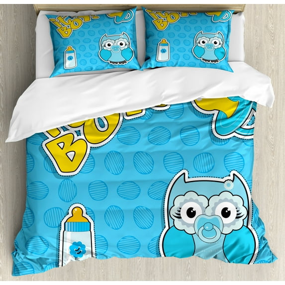 Gender Reveal Duvet Cover Set King Size, Baby Owl with Pacifier and Bottle Its a Boy Typography, Decorative 3 Piece Bedding Set with 2 Pillow Shams, Baby Blue Sky Blue and Mustard, by Ambesonne
