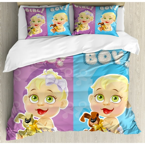 Gender Reveal Duvet Cover Set King Size, Girl and Baby Boy with Dogs Puppy Cute Figures Congratulations Birthday Theme, Decorative 3 Piece Bedding Set with 2 Pillow Shams, Multicolor, by Ambesonne