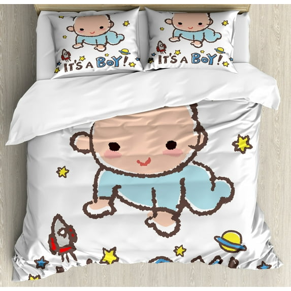 Gender Reveal Duvet Cover Set King Size, Little Baby Boy Smiling with Stars Rocket Space Kids Artistic Cartoon Style, Decorative 3 Piece Bedding Set with 2 Pillow Shams, Multicolor, by Ambesonne