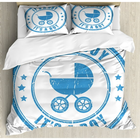 Gender Reveal Duvet Cover Set, Old Fashioned Style Its a Boy Words with Grunge Effects and Carriage Print, Decorative 3 Piece Bedding Set with 2 Pillow Shams, Queen Size, Violet Blue, by Ambesonne