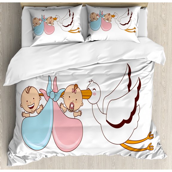 Gender Reveal Duvet Cover Set Queen Size, Babies with Stork Mythical Congratulation Playroom Baby Shower Kids Theme, Decorative 3 Piece Bedding Set with 2 Pillow Shams, Multicolor, by Ambesonne