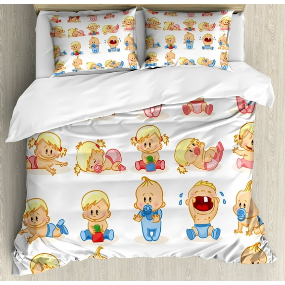 Gender Reveal Duvet Cover Set Queen Size, Newborn Composition with Various Face Gestures Crying Sleeping and Smiling, Decorative 3 Piece Bedding Set with 2 Pillow Shams, Multicolor, by Ambesonne