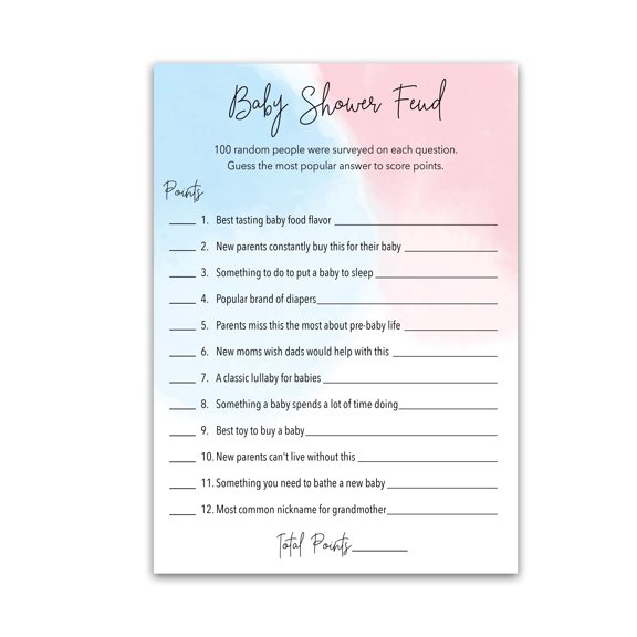 Gender Reveal FEUD Game - Pack of 25 - Fun Baby Shower Family Feud Games, Baby Shower Activity, Minimalist Pink or Blue Baby Shower Fued Games, Blue or Pink Coed Couples Shower G752-BSF