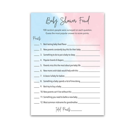 Gender Reveal FEUD Game - Pack of 25 - Fun Baby Shower Family Feud Games, Baby Shower Activity, Minimalist Pink or Blue Baby Shower Fued Games, Blue or Pink Coed Couples Shower G752-BSF