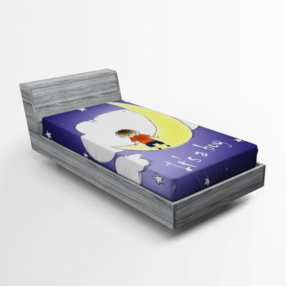 Ambesonne Moon Fitted Sheet, Boy Sky Greeting, Twin Size, Indigo Yellow White