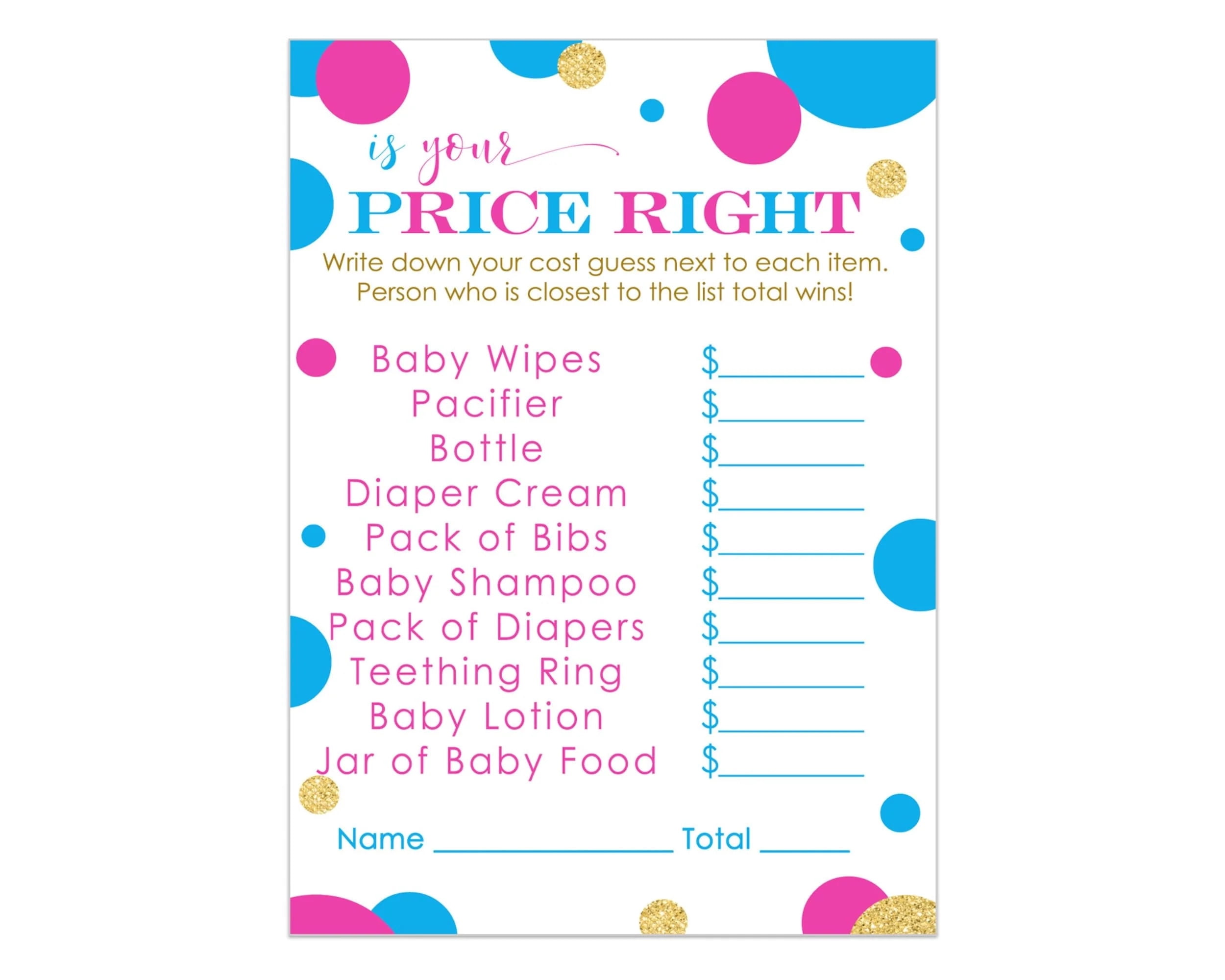 Gender Reveal Guess the Price Right Game Cards (25 Pack) Baby Shower Games Girl or Boy Pink and Blue Themed Supply 4x6 Size Set - Paper Clever Party