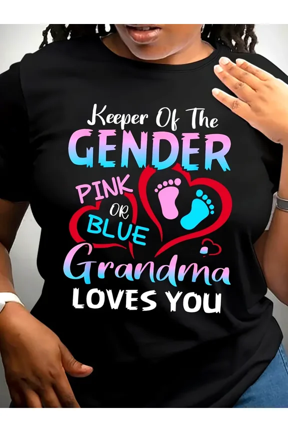 Gender Reveal Keeper of the Gender Pink or Blue Footprints Women Gift for Grandma Short Sleeve Casual Graphic T-Shirt